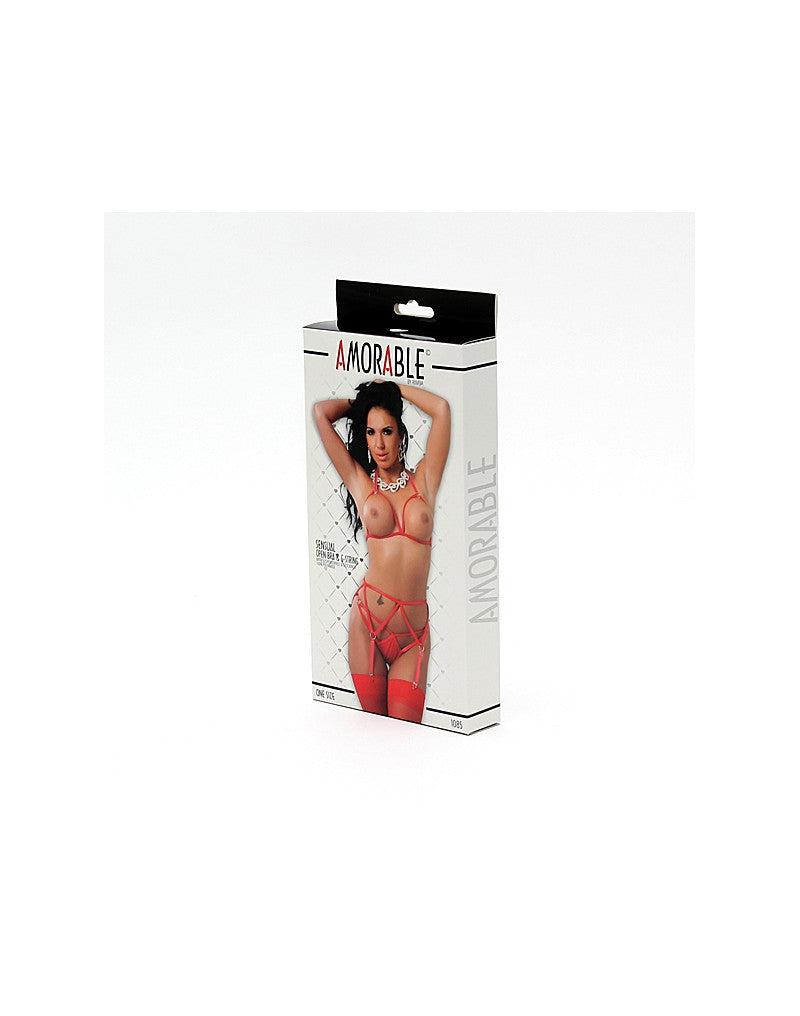 Amorable By Rimba - Bandjes Lingerieset - Open BH - String - Jarretelles En Kousen - Rood-Erotiekvoordeel.nl