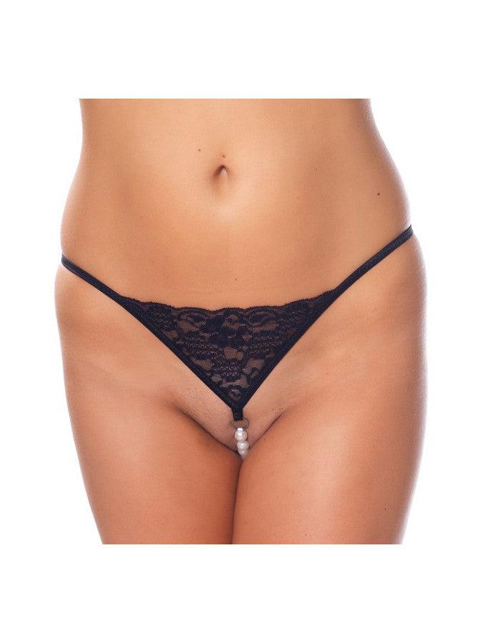 Amorable by Rimba - Erotische String - G string van Zwart Kant Met Parelsnoer Door Kruis - One Size-Erotiekvoordeel.nl