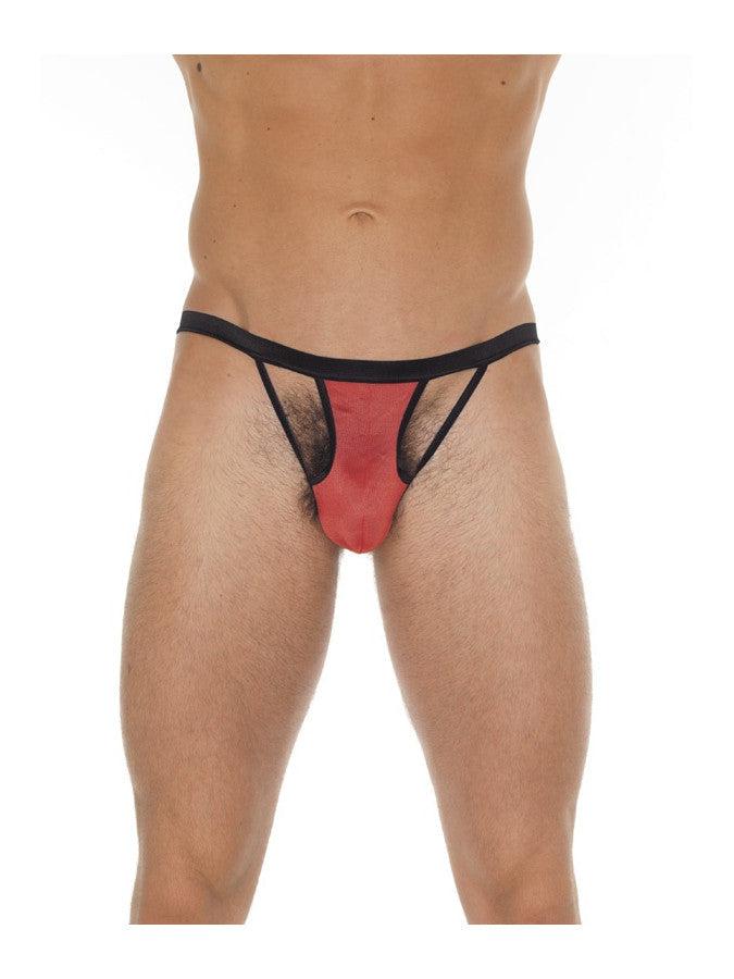 Amorable by Rimba - Erotische String - Rood Zwarte Herenstring Met Opengewerkte Details Voorkant - Mannen Slip - One Size - Polyamide-Erotiekvoordeel.nl