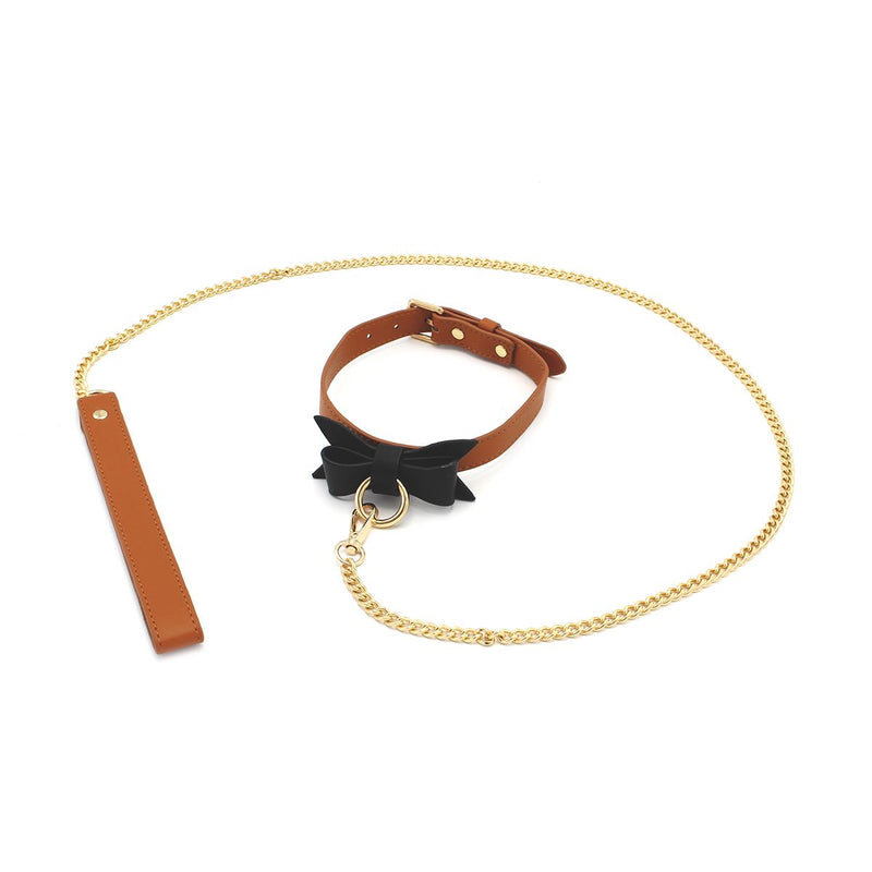 Bruin Leren collar Met Zwarte Strik En leiband-Erotiekvoordeel.nl