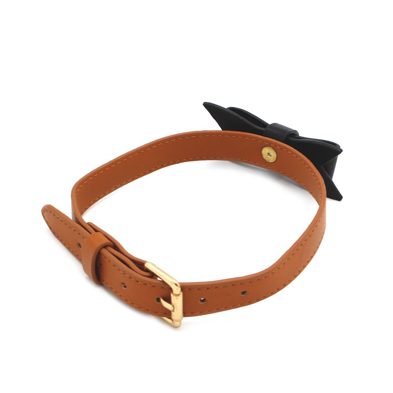 Bruin Leren collar Met Zwarte Strik En leiband-Erotiekvoordeel.nl