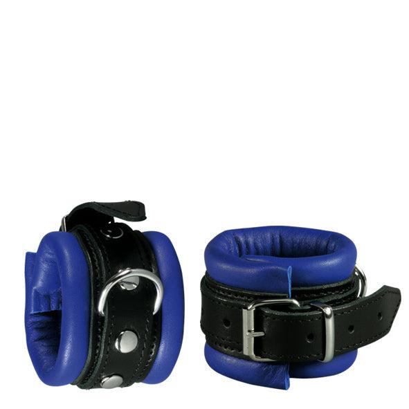 Kiotos Leather - Leren handboeien 5 cm Breed Gevoerd - Zwart/Blauw-Erotiekvoordeel.nl