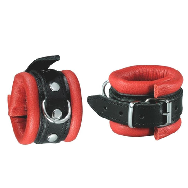 Kiotos Leather - Leren handboeien 5 cm Breed Gevoerd - Zwart/Rood-Erotiekvoordeel.nl