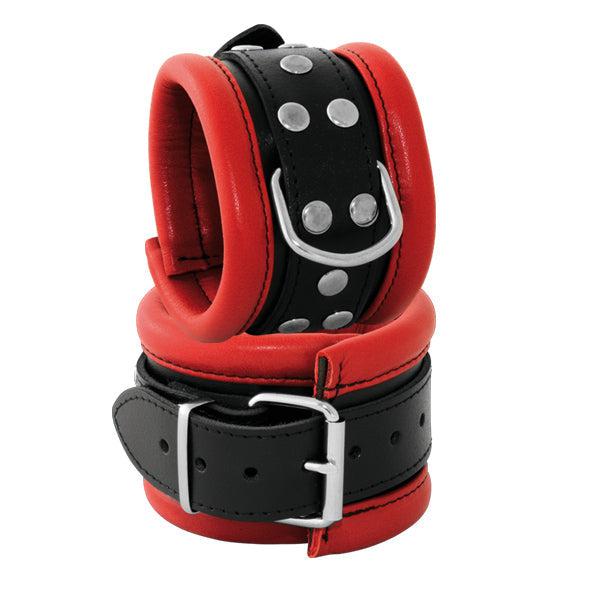 Kiotos Leather - Leren handboeien 6.5 cm Breed Gevoerd - Rood/Zwart-Erotiekvoordeel.nl