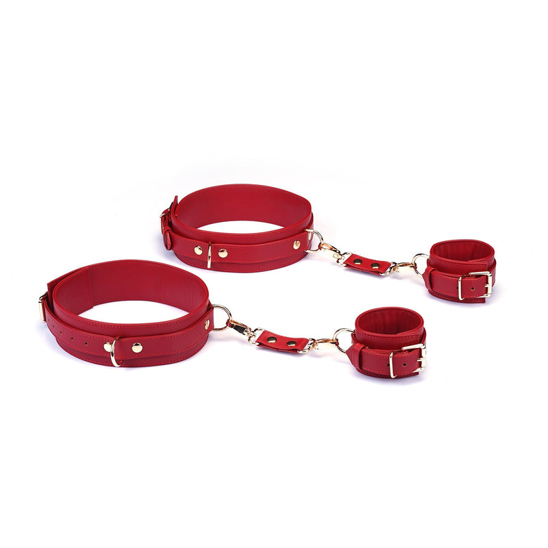 Liebe Seele - Bright Red - Bondageset Dijbeenboeien naar Handboeien - PU Leer - Vegan - Rood/Goud-Erotiekvoordeel.nl