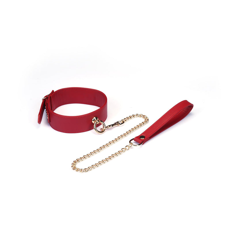 Liebe Seele - Bright Red - PU Lederen Collar met Leiband - Vegan - Rood/Goud-Erotiekvoordeel.nl