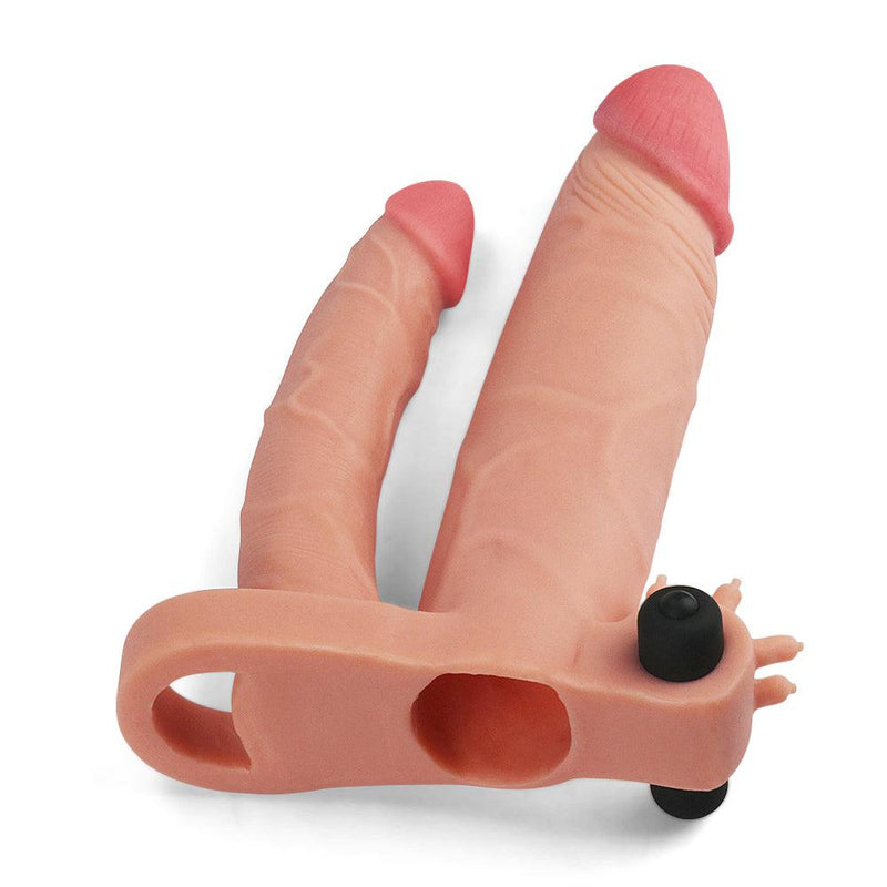 Lovetoy - Pleasure X-tender Vibrerende dubbele penis sleeve 18 En 14 cm - Lichte Huidskleur-Erotiekvoordeel.nl