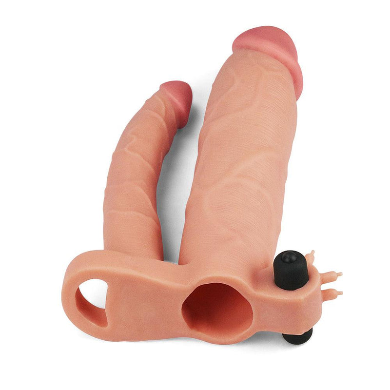 Lovetoy - Pleasure X-tender Vibrerende dubbele penis sleeve 21 En 17 cm - Lichte Huidskleur-Erotiekvoordeel.nl