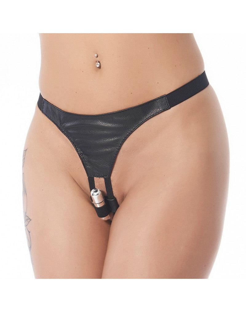 Rimba Bondage Play - Vibrerend Slipje - Vibrerende Lingerie Met Bullet Vibrator - G String - Leer - Zwart-Erotiekvoordeel.nl