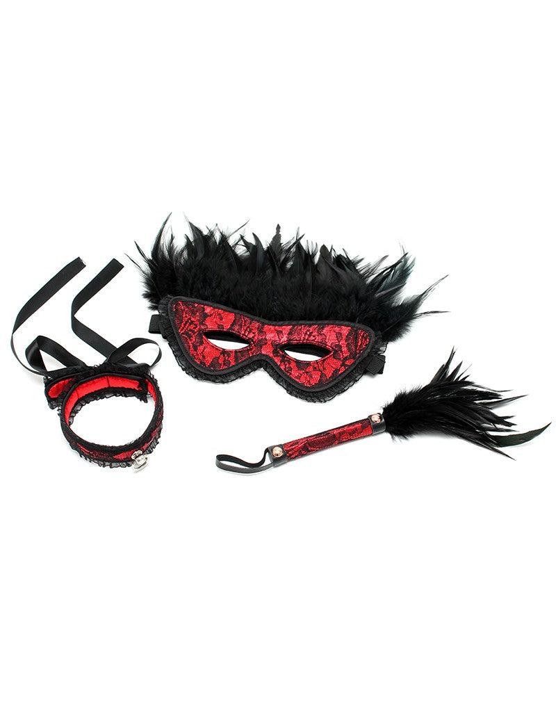 Rimba - Burlesque BDSM Set met Masker en Zweepje - Rood/Zwart-Erotiekvoordeel.nl