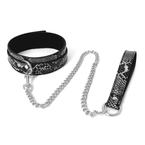 Kiotos Leather - Collar En leiband Met Reptielenprint - Zwart/Zilver-Erotiekvoordeel.nl