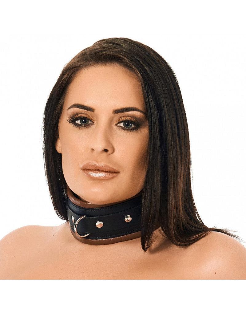 Rimba Bondage Play - Halsband- Collar - Leer Gevoerd - 7cm Breed - Zwart/Bruin