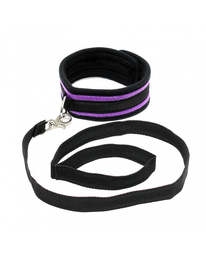 Rimba - Soft Bondage Halsband Met Leash - Zwart/Paars-Erotiekvoordeel.nl