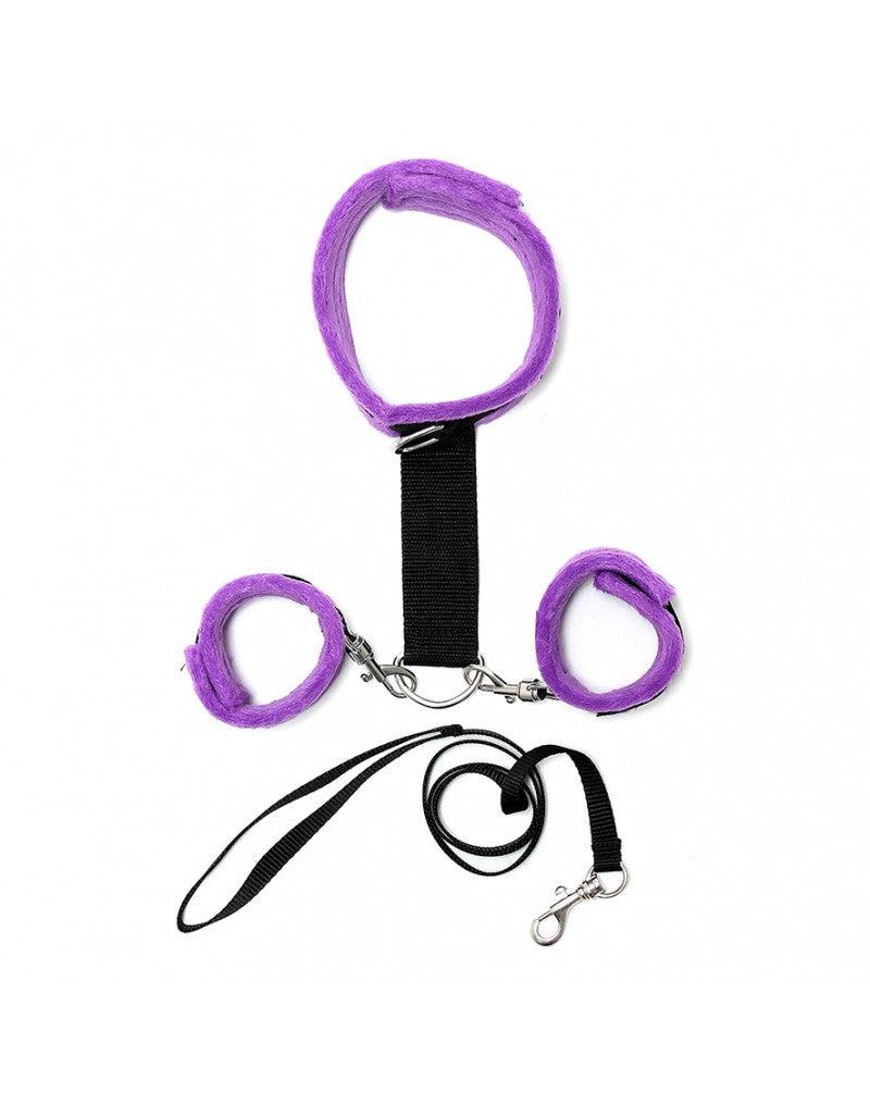 Soft Bondage Collar Met handboeien En leiband - Zwart/Paars-Erotiekvoordeel.nl