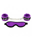 Soft Bondage Set blinddoek En handboeien SLAVE - Zwart/Paars